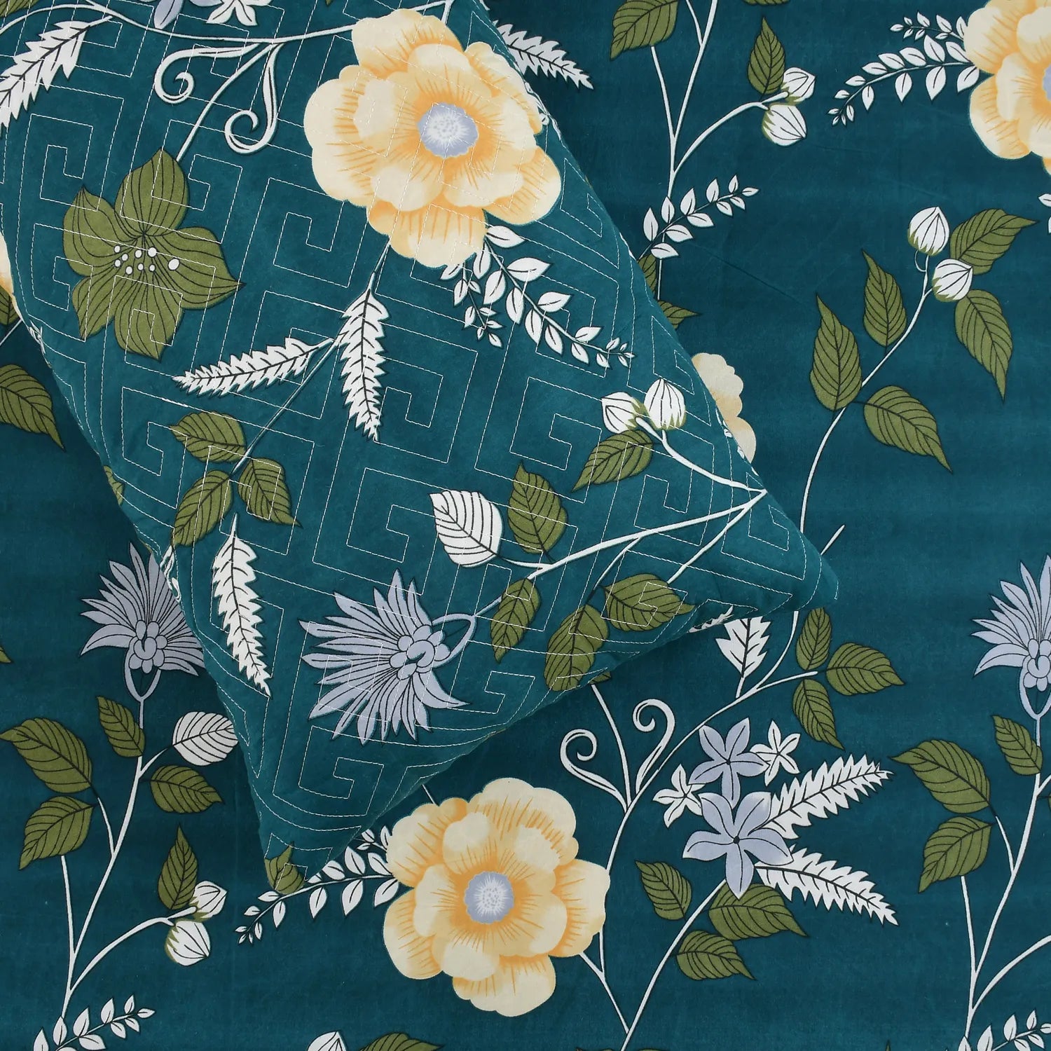 Teal flower print cotton double bedsheet with pillow cover for king size bed Homio