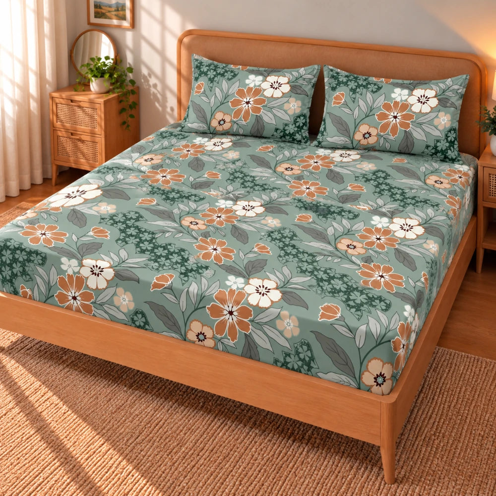 Flora Noir - Queen/Double - Fitted Bedsheet (76×72 inches)