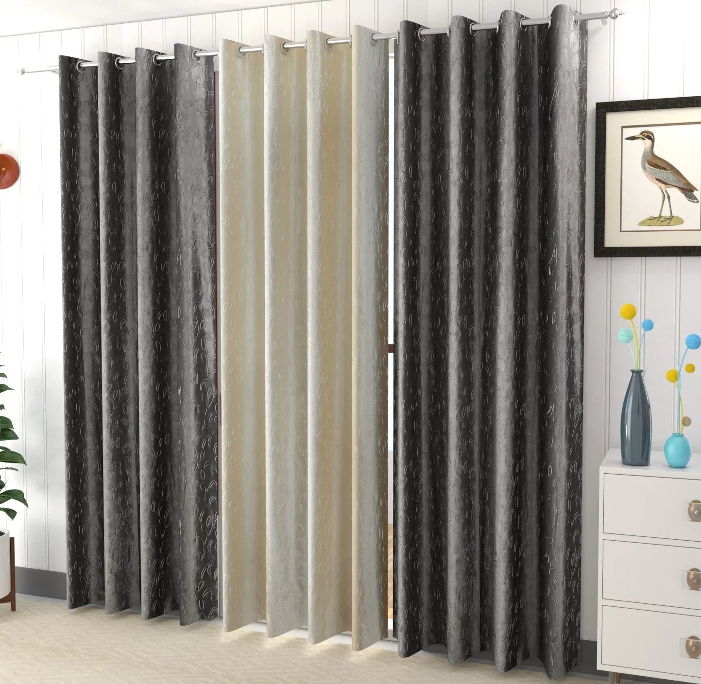 Grey Leaflet Polyester Curtains (Set of 3)