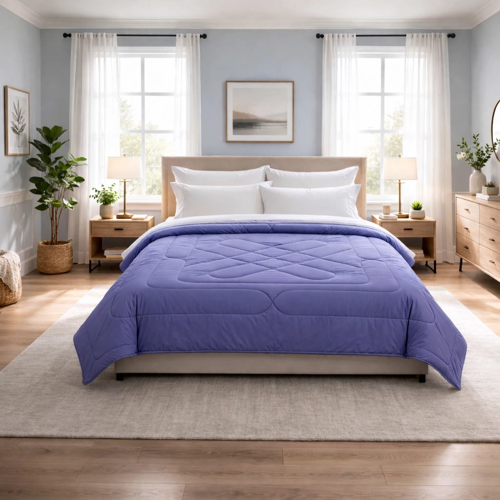 Lilac and Lagoon diamond quilt reversible comforter arranged across double bed in bright bedroom interior