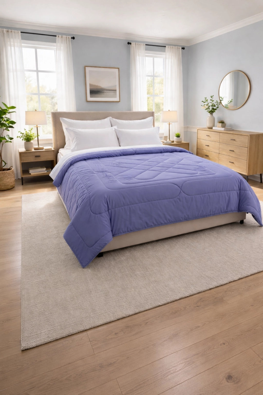 Stack of folded reversible comforter in Lilac and Lagoon colour combination