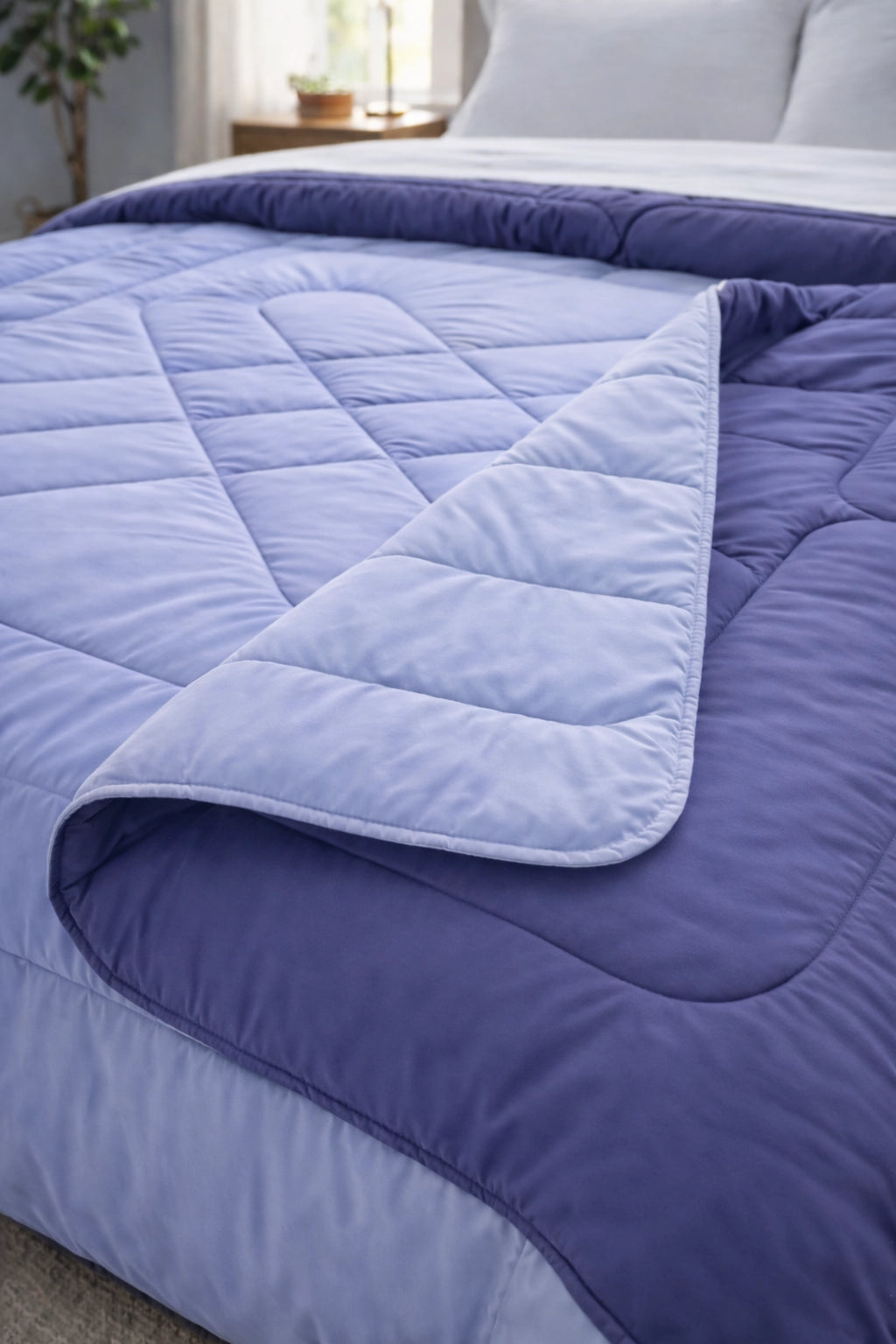 Folded microfiber comforter corner showing padded quilting and stitched fabric layers