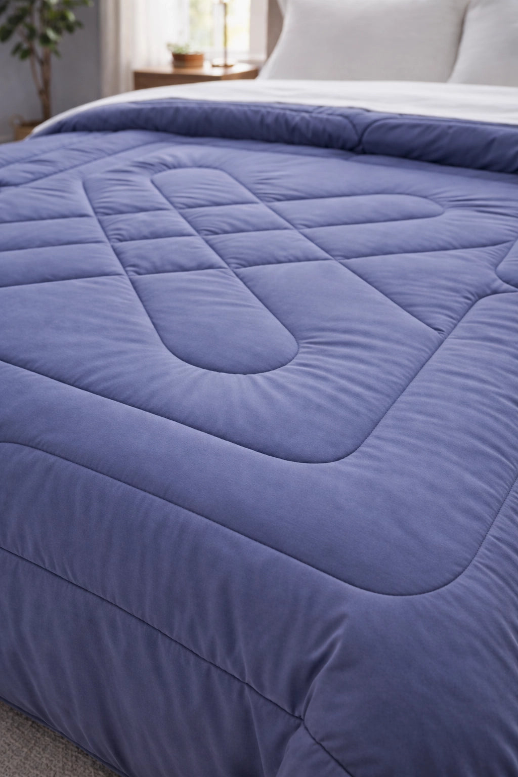Close-up view of diamond quilt stitching on Lilac and Lagoon comforter fabric