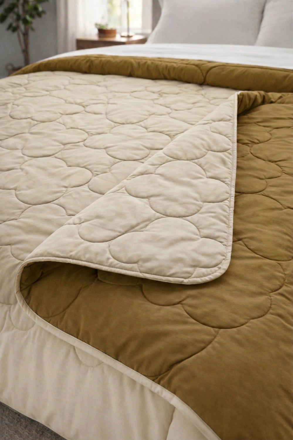 Folded microfiber comforter corner showing padded quilting and stitched layers