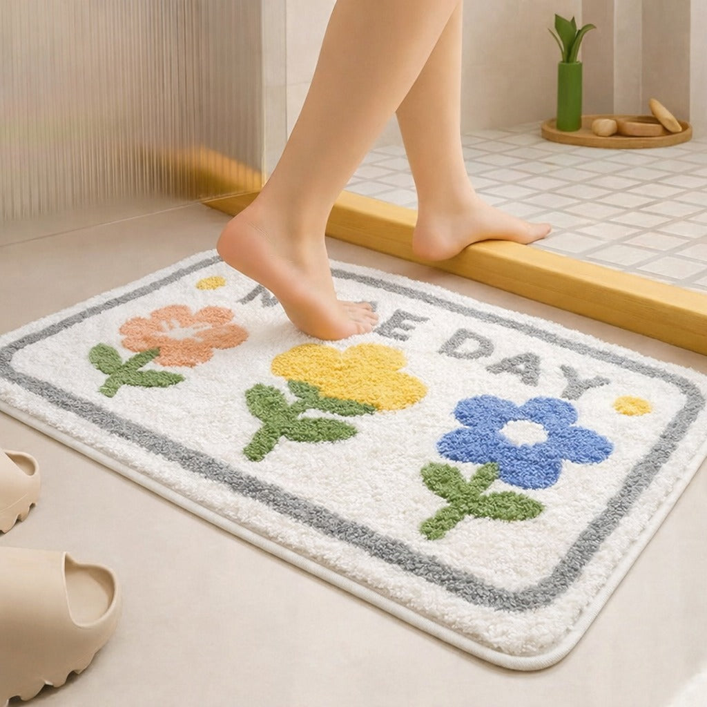 Nice Day floral microfiber door mat placed on bathroom floor beside shower