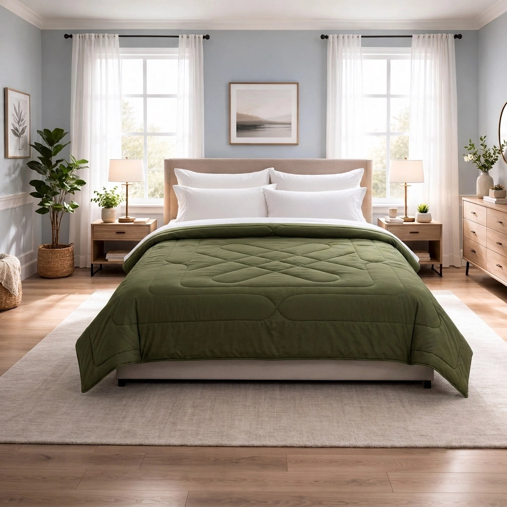 Reversible Double Bed Comforter - Olive & Sage (Diamond)