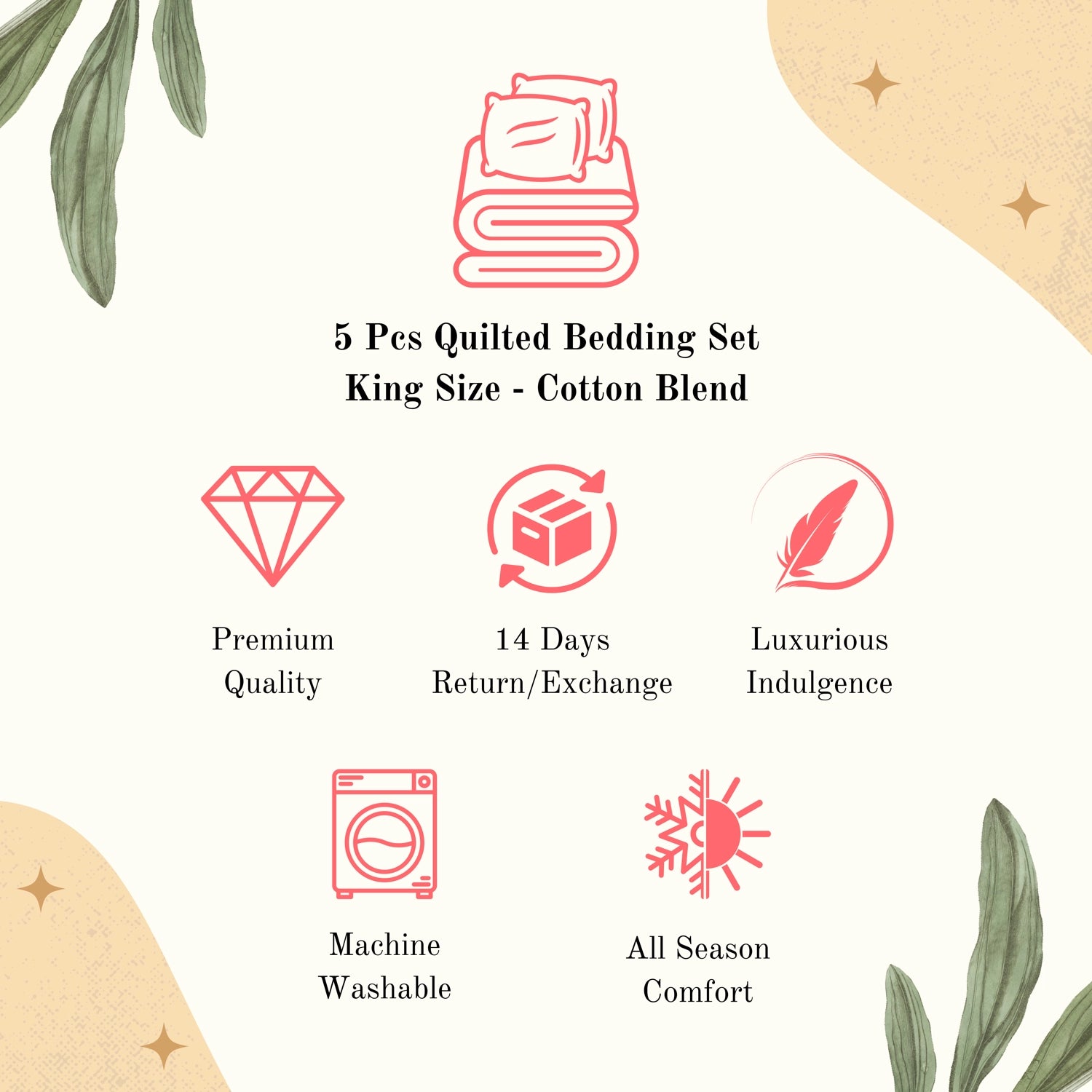 Sakura - 5 Pieces - Quilted Bedding Set (90 x 90 inches)