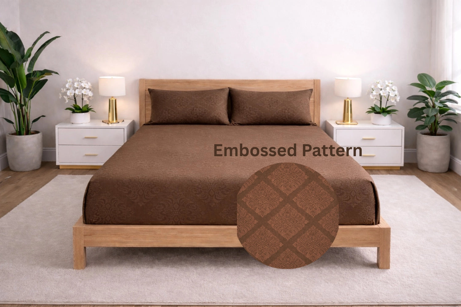 king size bedsheet with embossed pattern in coffee brown color styled neatly on wooden bed with matching pillows and minimal bedroom decor by homio