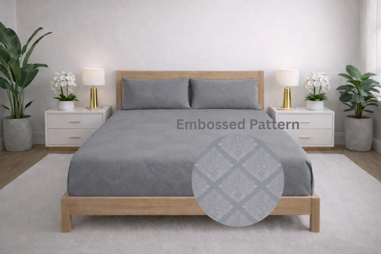 embossed pattern king size bedsheet in natural grey shade arranged on wooden bed in modern bedroom setup