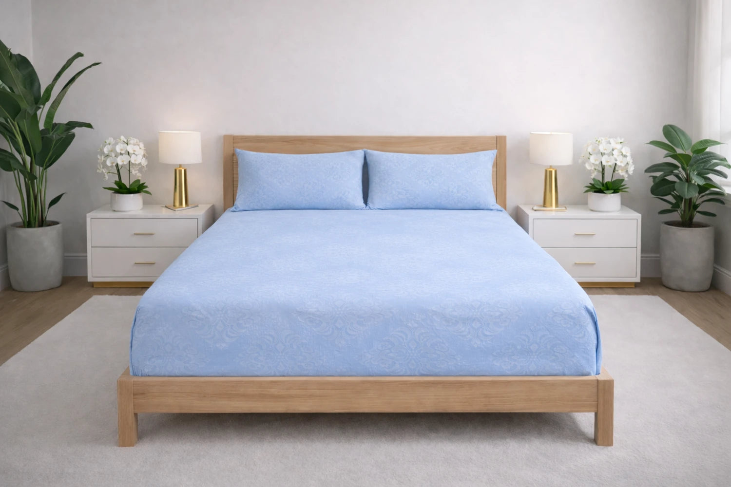 Regalia Ice embossed cotton double bedsheet on king size bed in elegant bedroom – decor bedsheet with pillow cover in ice blue by Homio