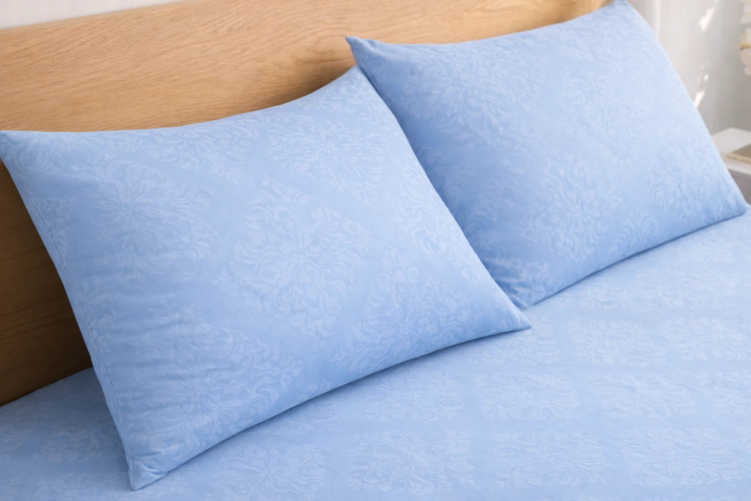 Regalia Ice embossed bedsheet with pillow cover in ice blue – soft cotton blend fitted bed sheet with floral embossed pattern by Homio