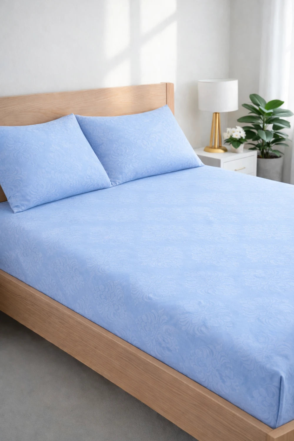 Regalia Ice ice blue cotton double bedsheet with pillow cover on single wooden bed – embossed pattern fitted bedsheet for bedroom decor by Homio