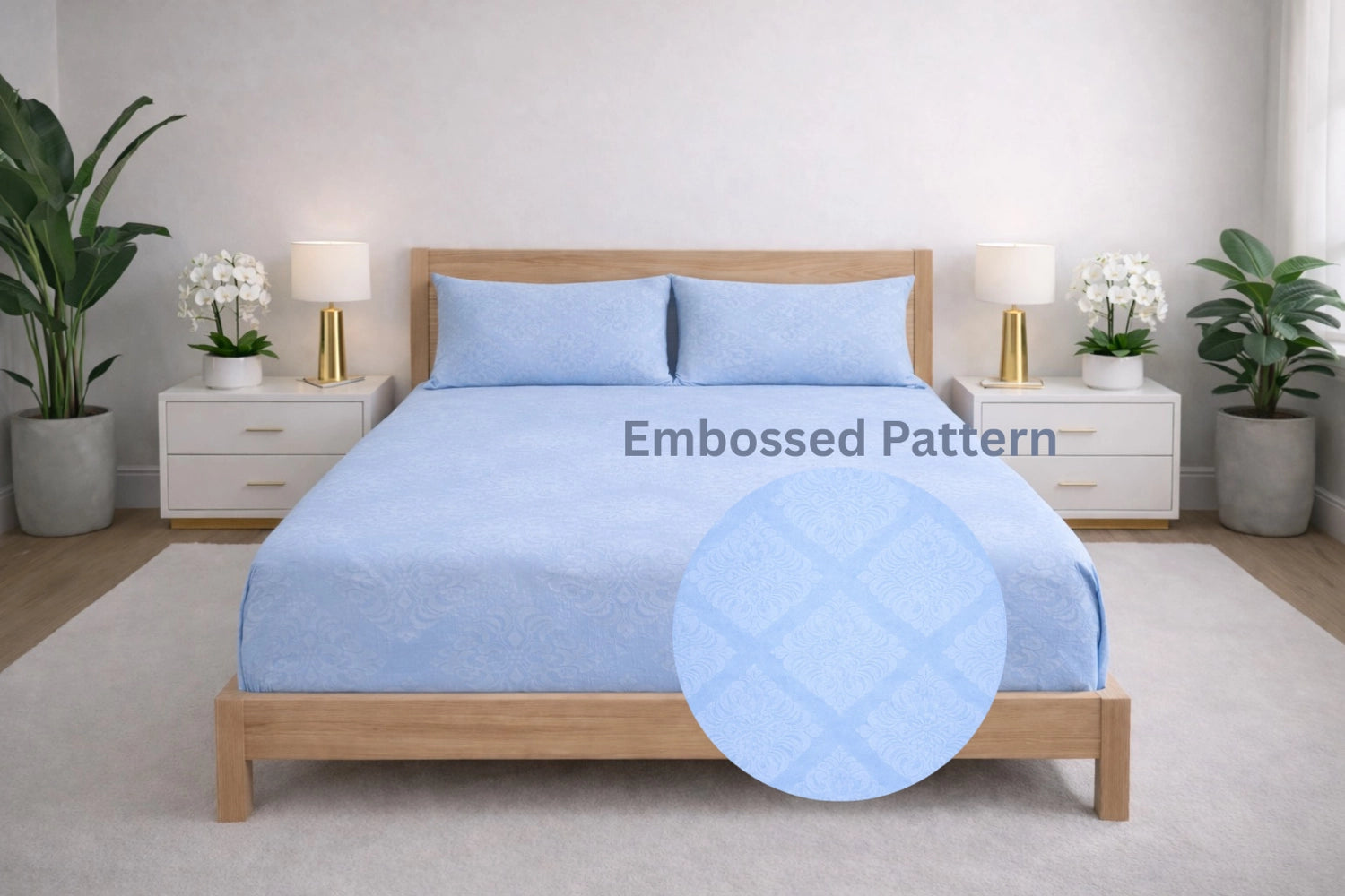 Regalia Ice embossed pattern king size fitted bed sheet in ice blue, premium cotton blend double bedsheet with pillow cover by Homio