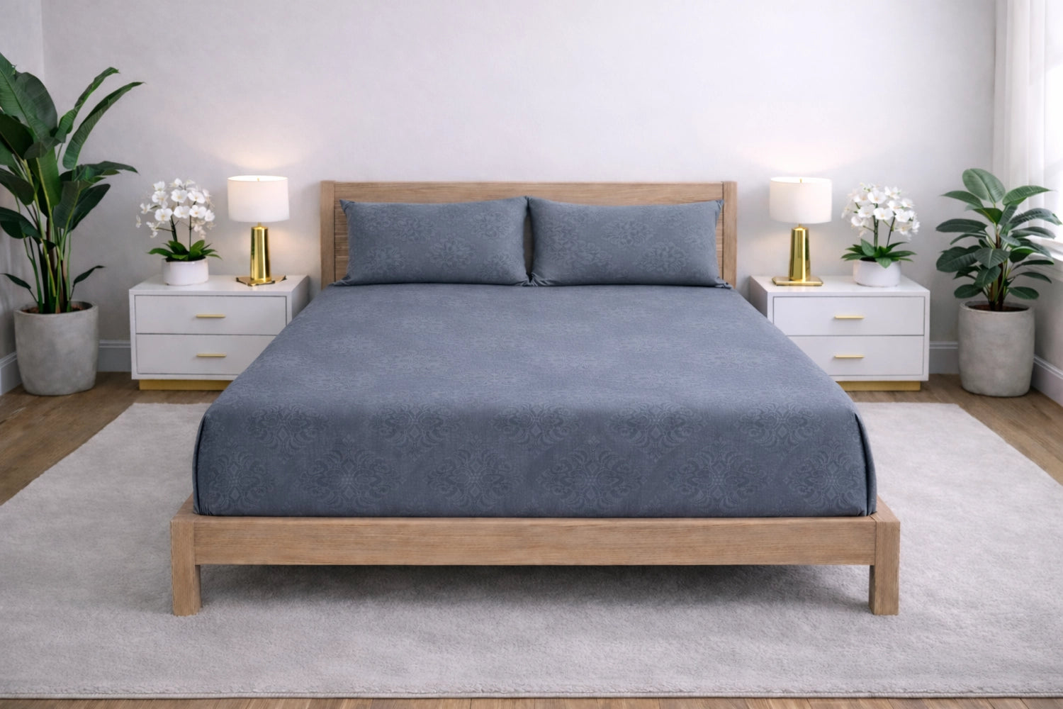 Regalia Indigo embossed cotton king fitted bedsheet on double bed in elegant bedroom – decor bedsheet with pillow cover in indigo blue by Homio
