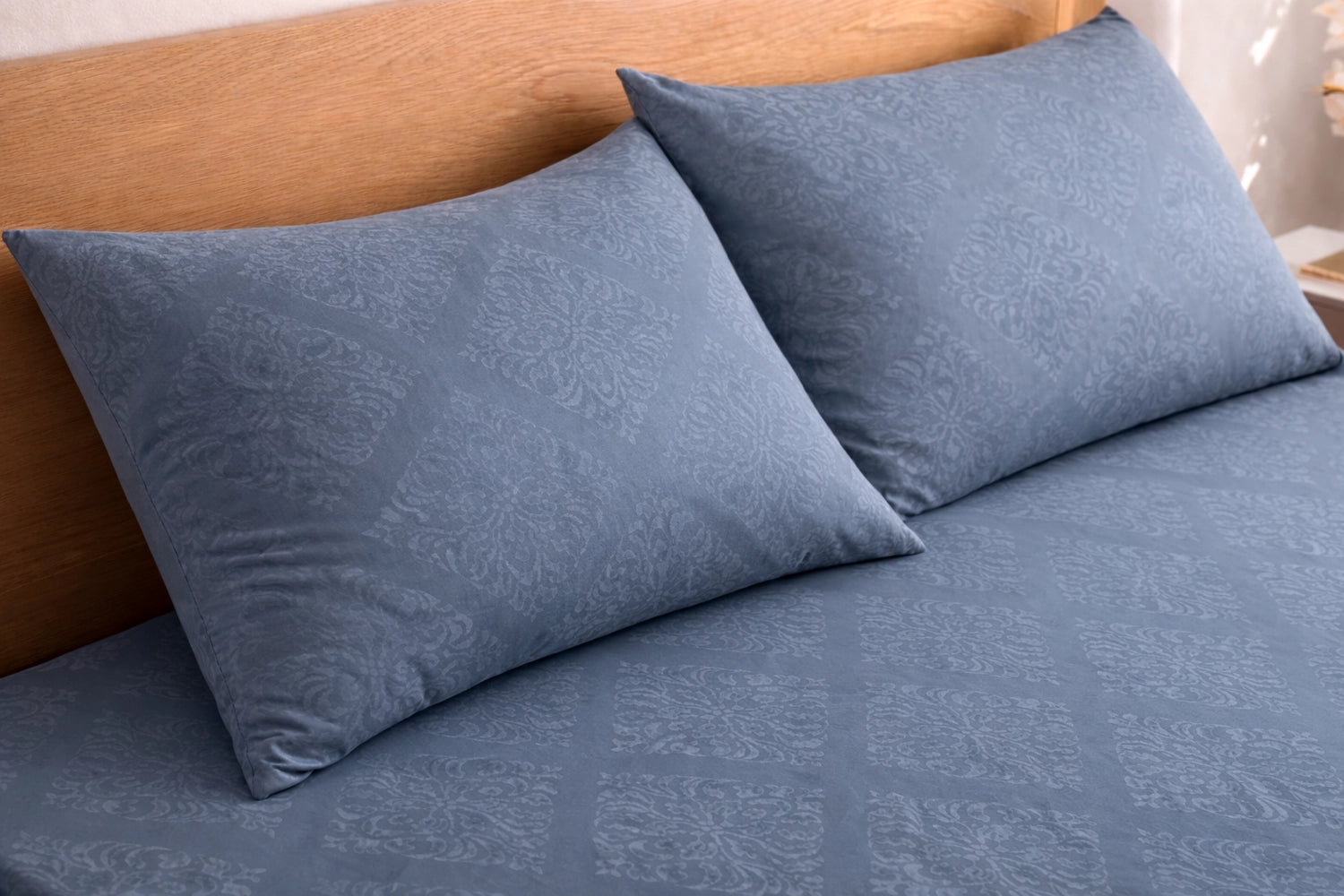Regalia Indigo embossed bedsheet with pillow cover in indigo blue – soft cotton blend king fitted bed sheet with floral embossed pattern by Homio