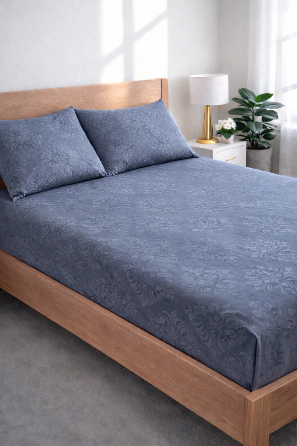Regalia Indigo indigo blue cotton king fitted bedsheet with pillow cover on wooden bed – embossed pattern double bedsheet for bedroom decor by Homio
