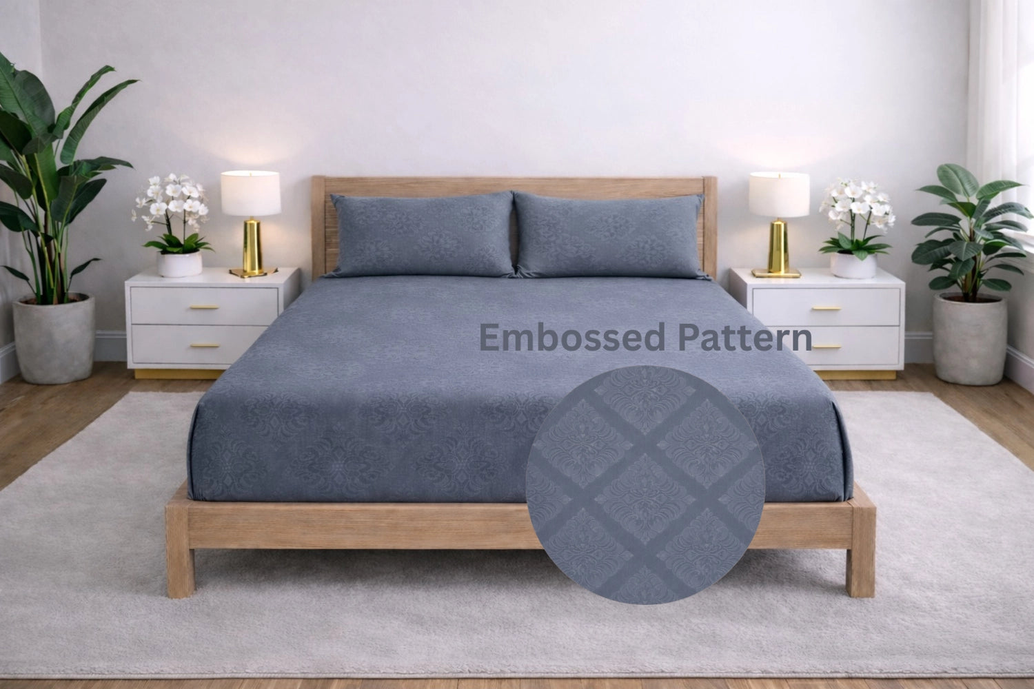 Regalia Indigo embossed pattern king fitted bedsheet in indigo blue – premium cotton blend double bedsheet with pillow cover by Homio