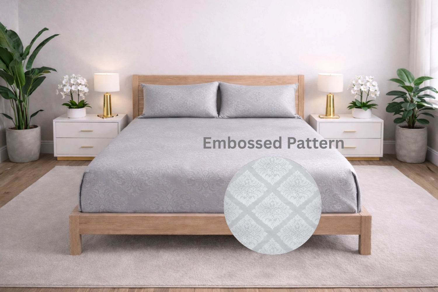 embossed pattern king size bedsheet in natural grey shade arranged on wooden bed in modern bedroom setup