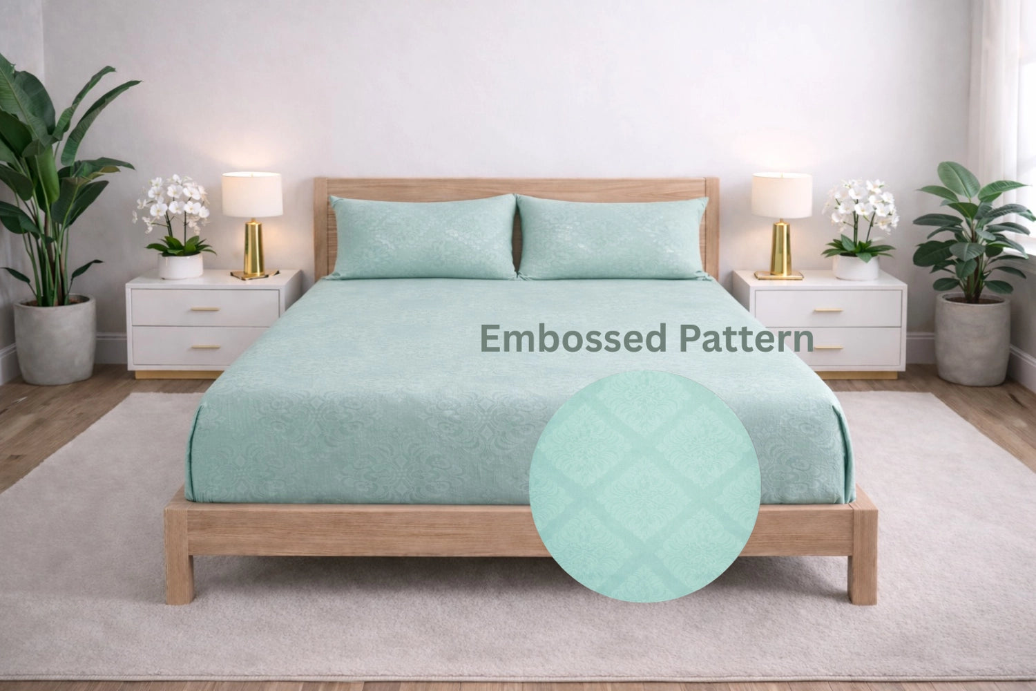 King size bedsheet with embossed pattern in sage color styled on bedroom bed
