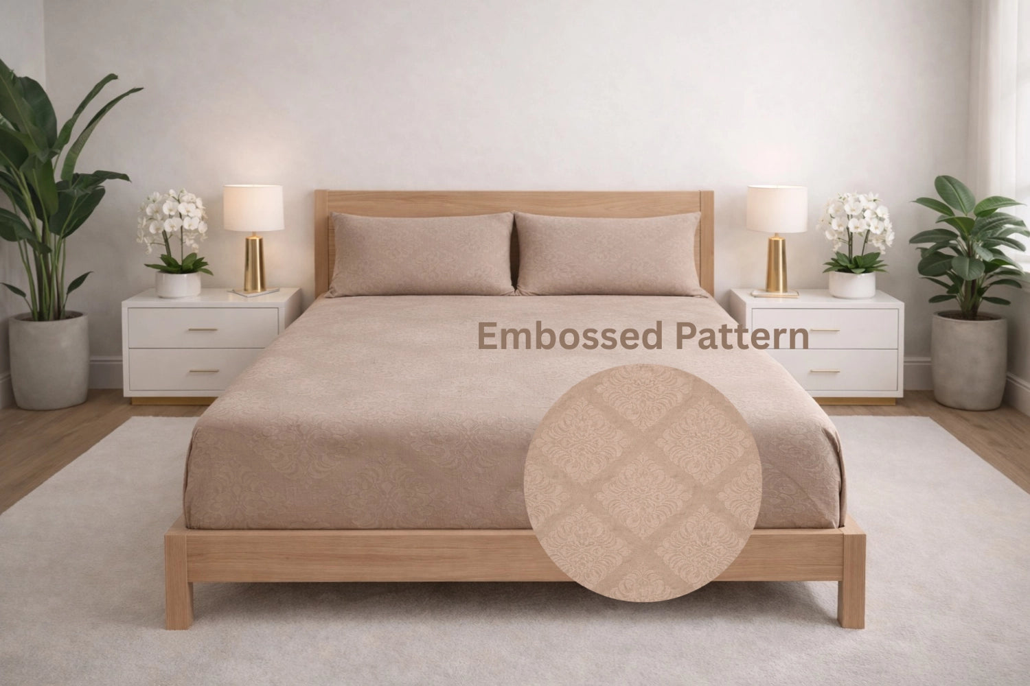 king size bedsheet with embossed pattern in truffle color styled on bedroom bed