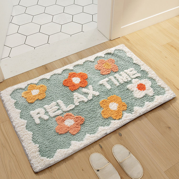 Relish anti-slip microfiber door mat with floral pattern placed on bathroom floor