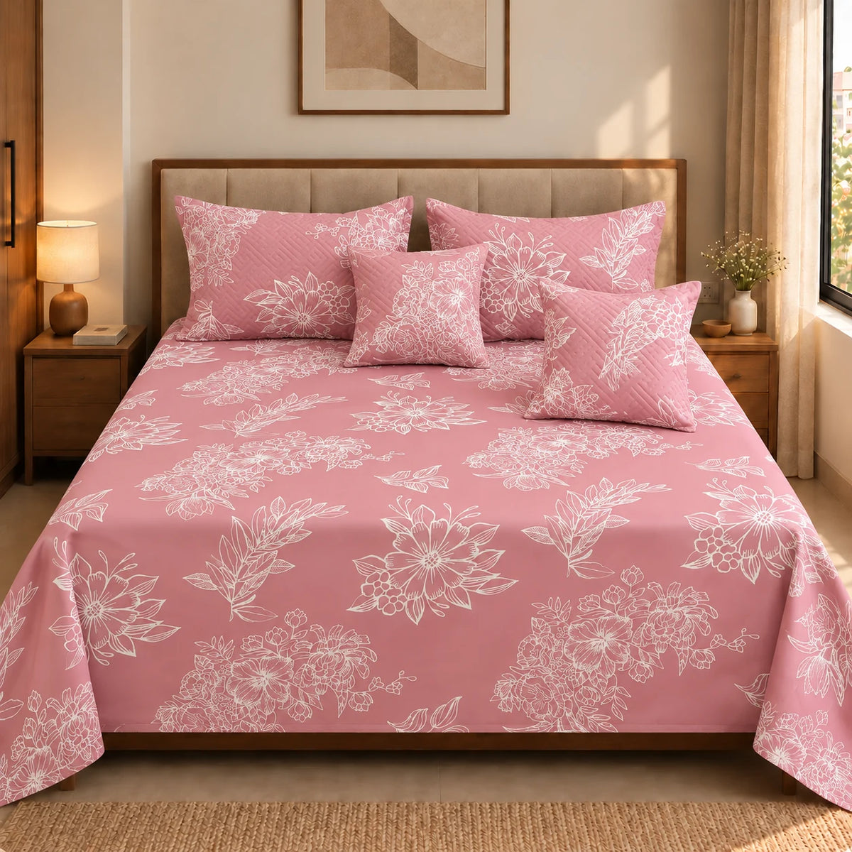 Sakura - 5 Pieces - Quilted Bedding Set (90 x 90 inches)