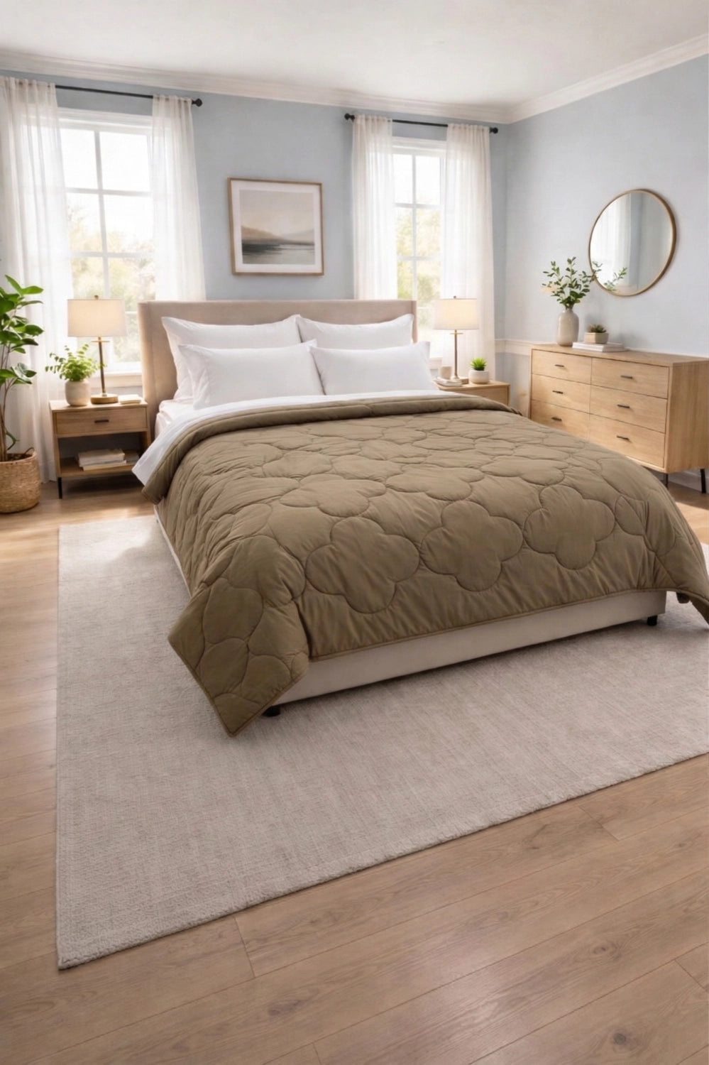 Stack of folded reversible comforter in Sandstone and Silk tones ready for bedroom use