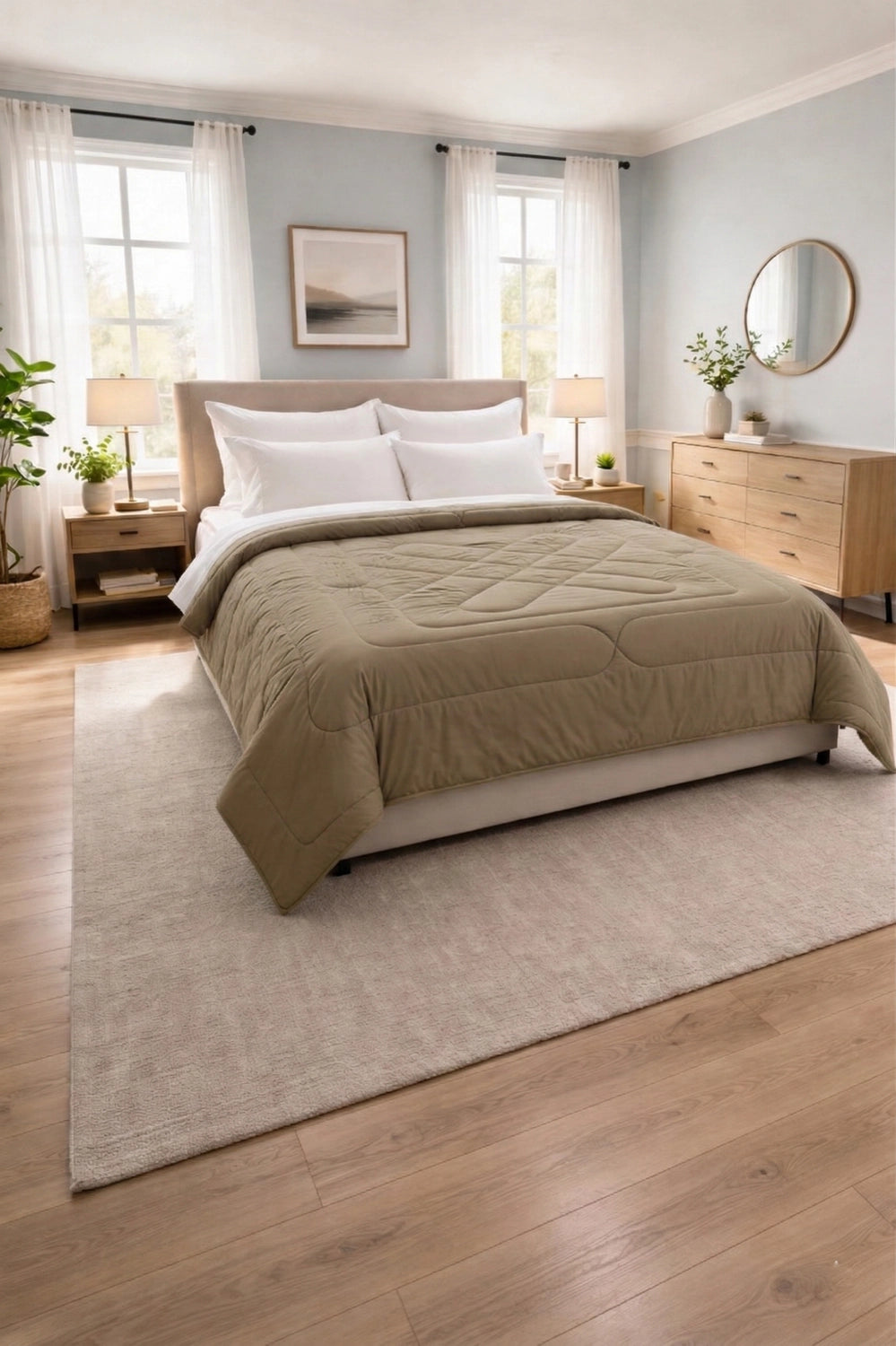 Neatly folded reversible microfiber comforter in Sandstone and Silk colour tones