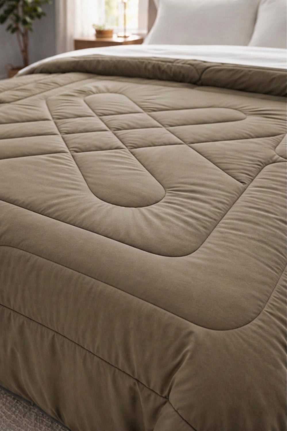 Close-up of diamond quilt stitching pattern on Sandstone and Silk comforter fabric