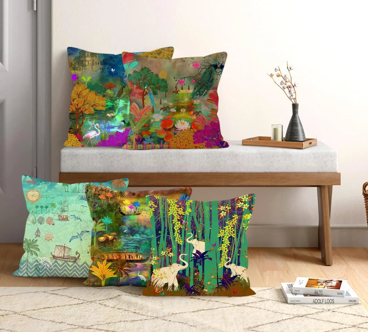 Satin Printed Cushion Covers (Set of 5) - Lake