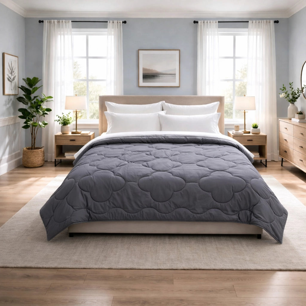 Shadow and Steel clover quilted reversible comforter spread neatly across a double bed in bright bedroom setting