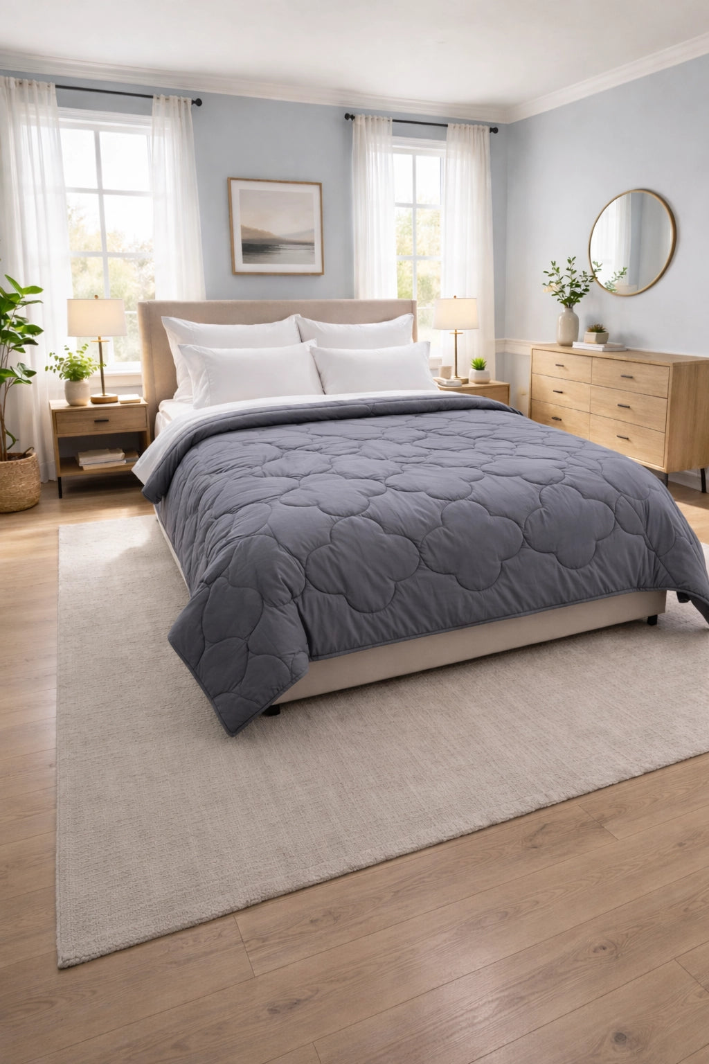 modern bedroom setup featuring a grey quilted comforter neatly spread on a bed with wooden furniture and window light