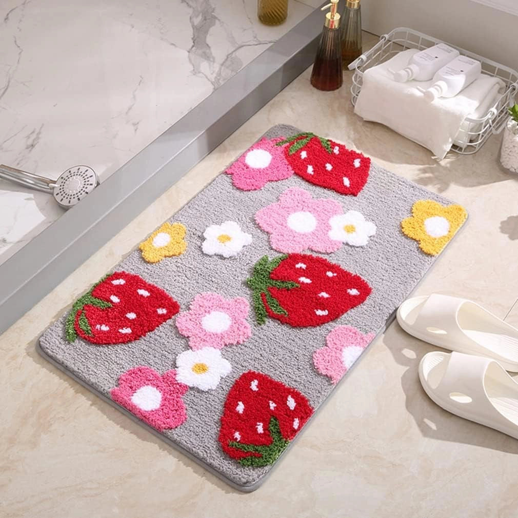 bathroom mats microfiber rug with strawberry and floral design placed near shower in modern bathroom