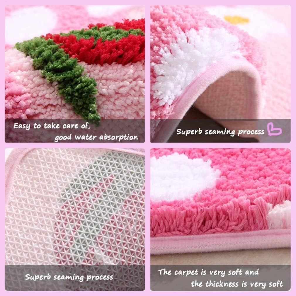 bathroom mats microfiber rug infographic showing anti slip backing water absorption softness and durable stitching features