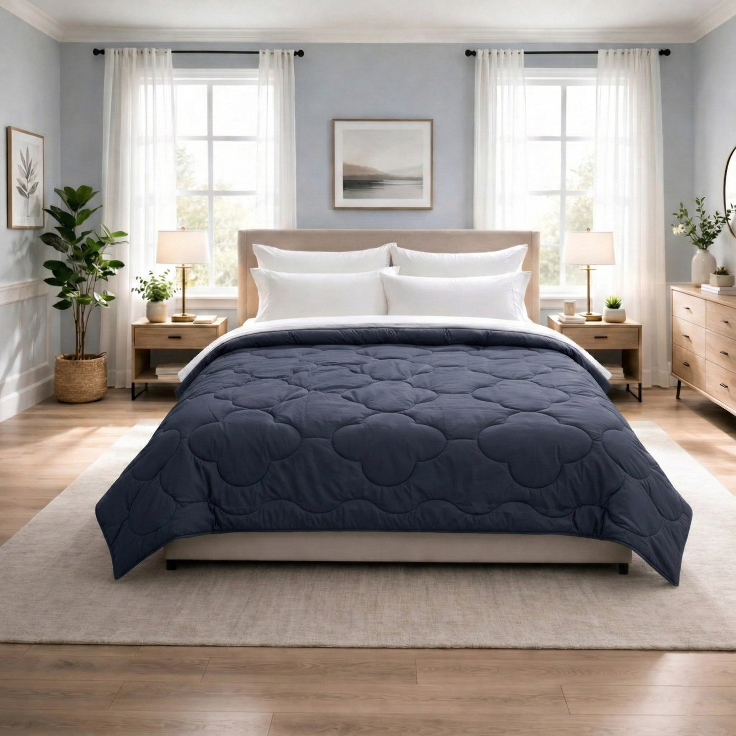 Reversible double bed comforter in Twilight & Sage clover design styled on modern bedroom bedsheets