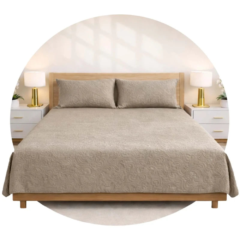 Beige embossed cotton bedsheet with pillow covers on wooden double bed | Homio