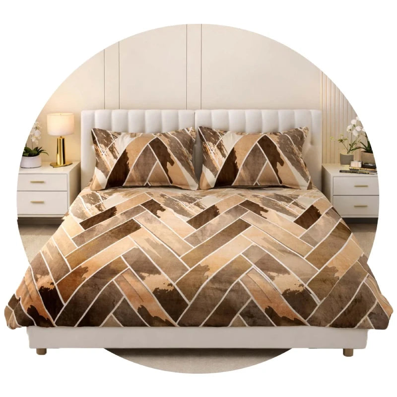 Brown herringbone woollen king fitted bedsheet with pillow covers on double bed | Homio