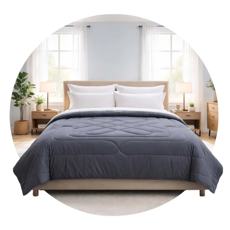 Grey quilted comforter on double bed in bright bedroom - premium bedding set | Homio