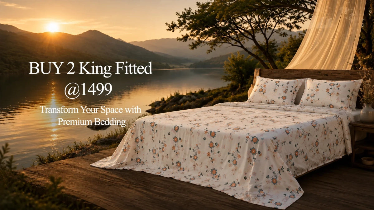 Buy 2 king fitted bedsheets at 1499 - floral cotton bedding with scenic lake view | Homio