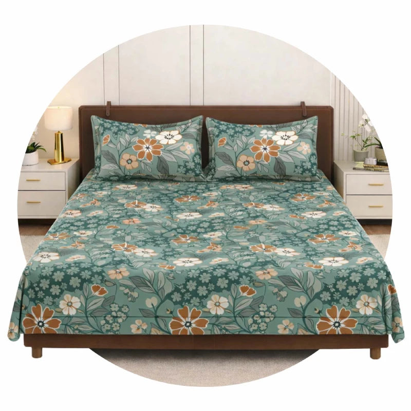 Teal floral double fitted bedsheet with pillow covers on wooden double bed | Homio