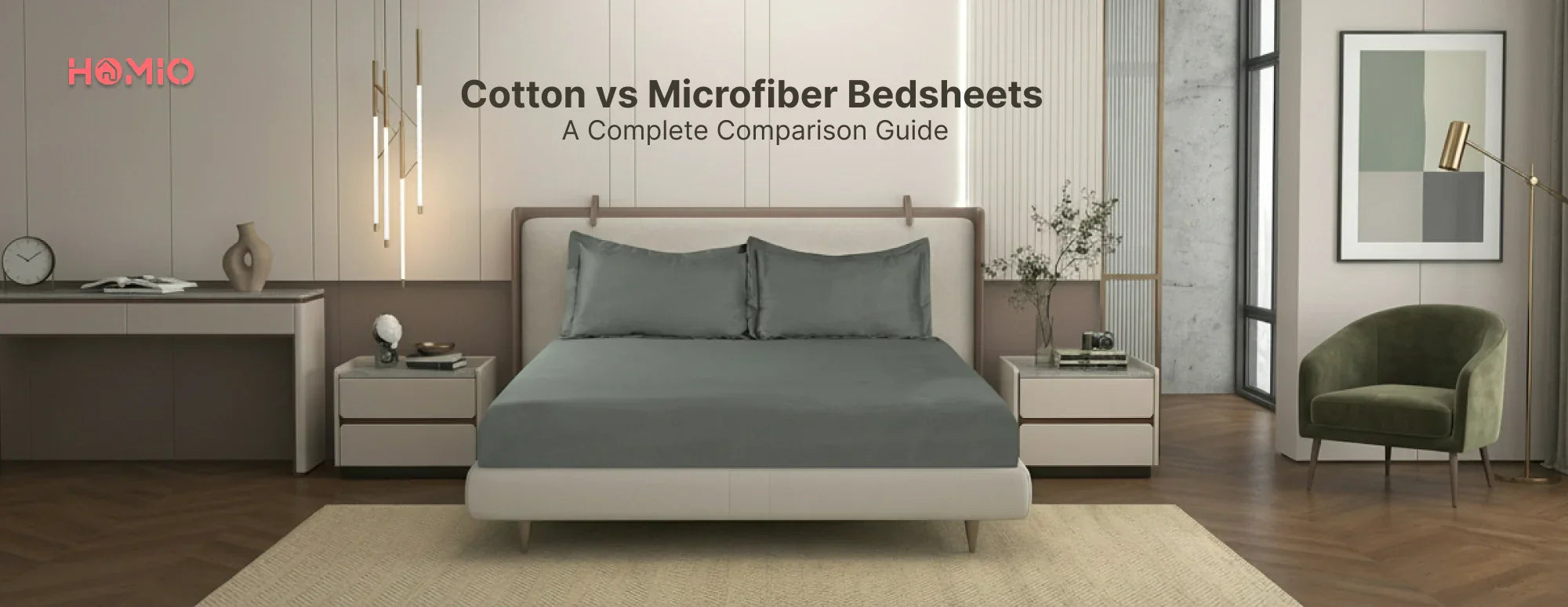Cotton vs microfiber bedsheets comparison with modern bedroom setup and grey bedding