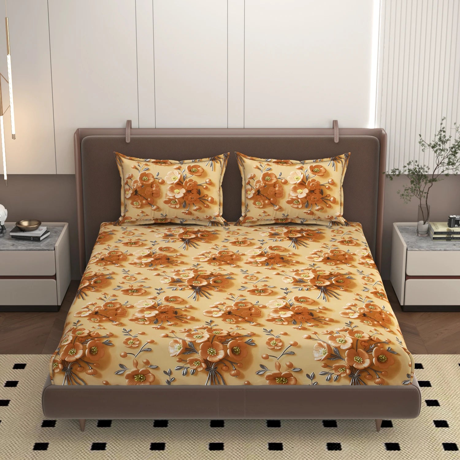 floral king size bedsheet set in beige and brown tones on bed with matching pillows in modern bedroom