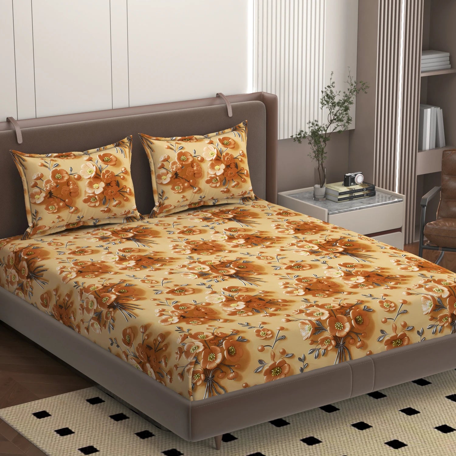 printed king size bedsheet with floral pattern styled on bed in bedroom interior