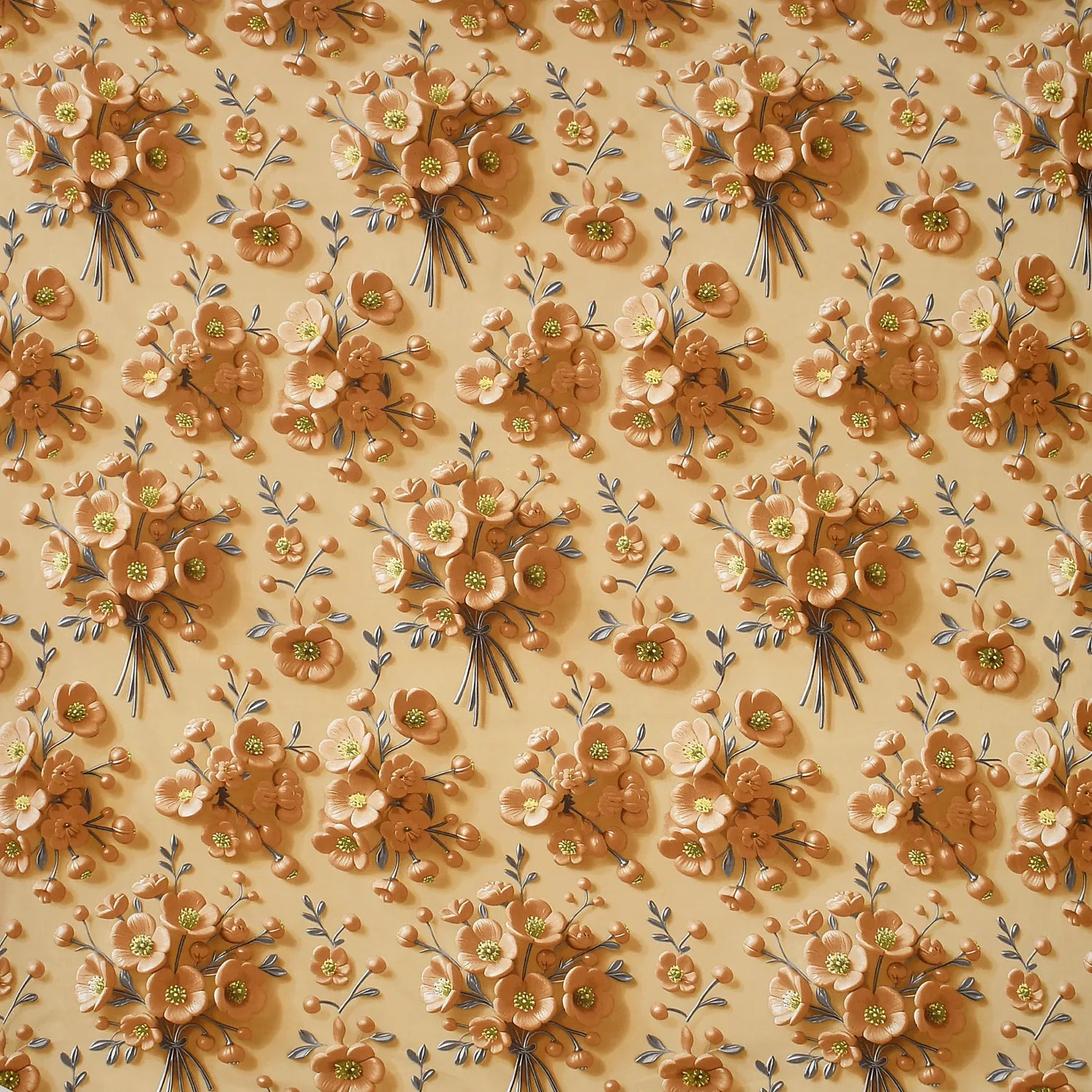 floral printed bedsheet in beige and brown color spread flat showing full pattern design