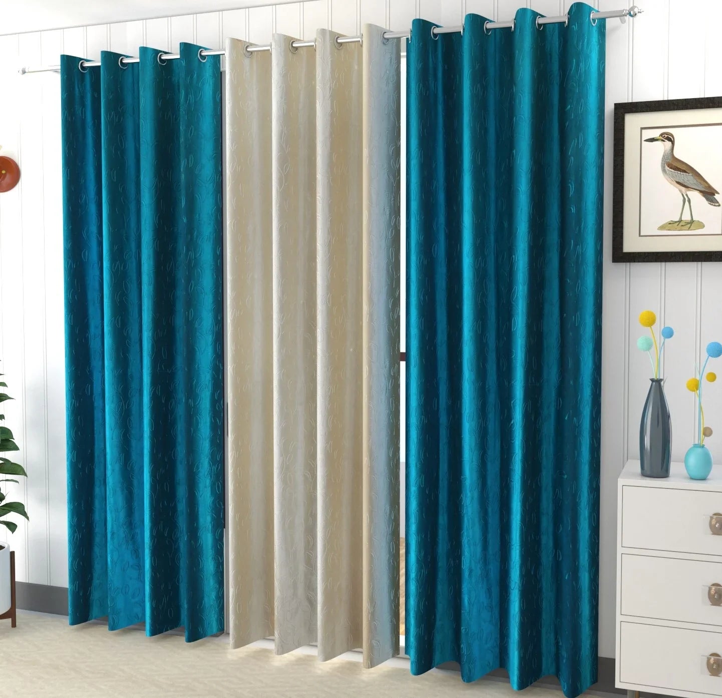 Aqua Leaflet Polyester Curtains (Set of 3)