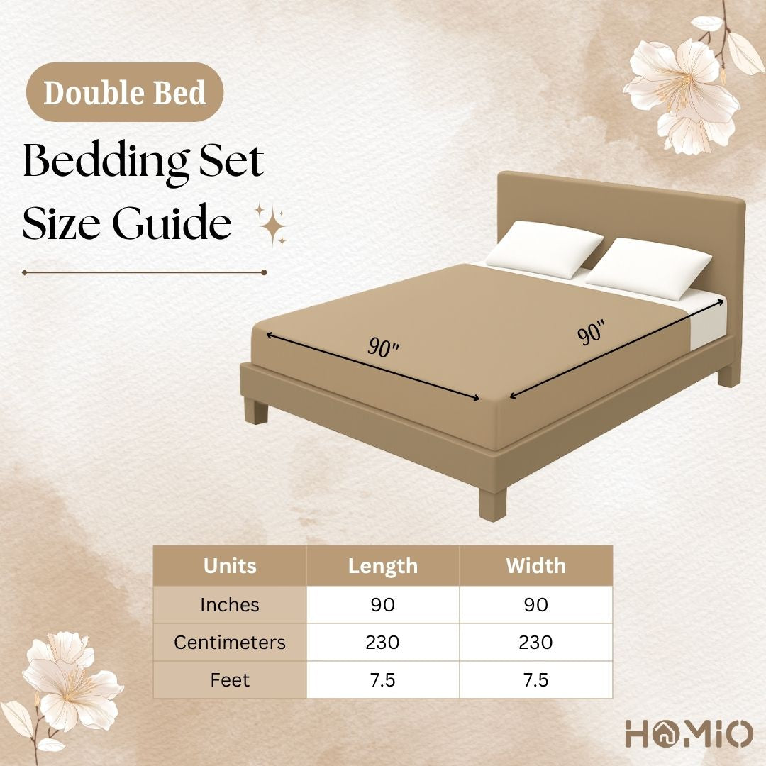 Double bed bedding set size chart for bedsheet double bed king size by Homio India