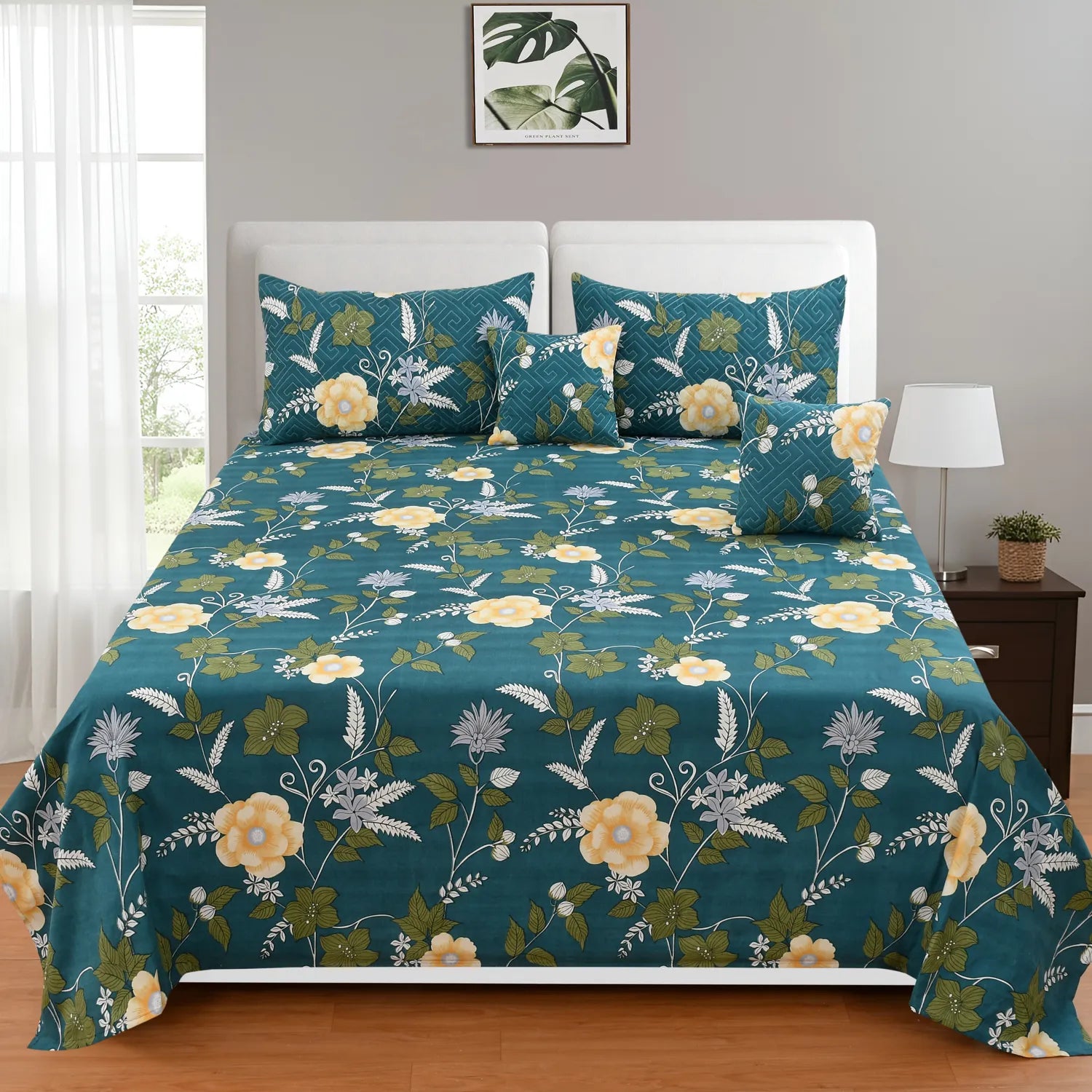 Teal floral cotton bedsheet with pillow cover and leaf vine print for double bed Homio India