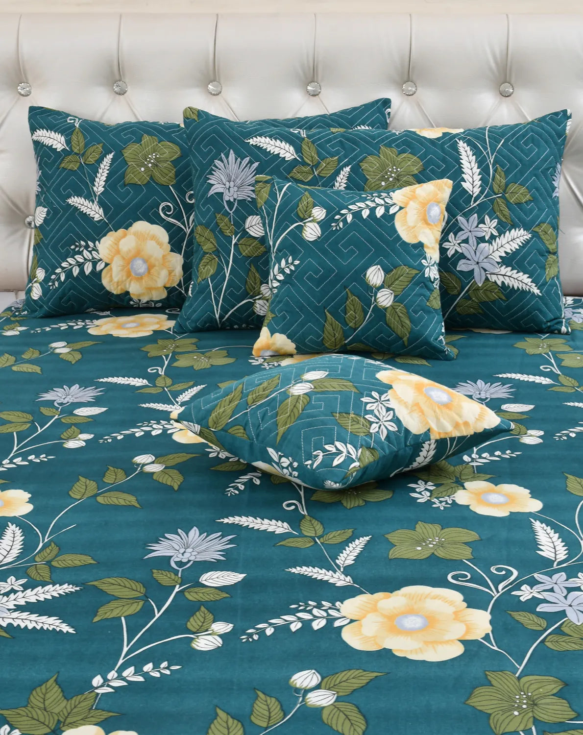 Teal floral double bed bedsheet with matching pillow covers and decor bedsheets Homio