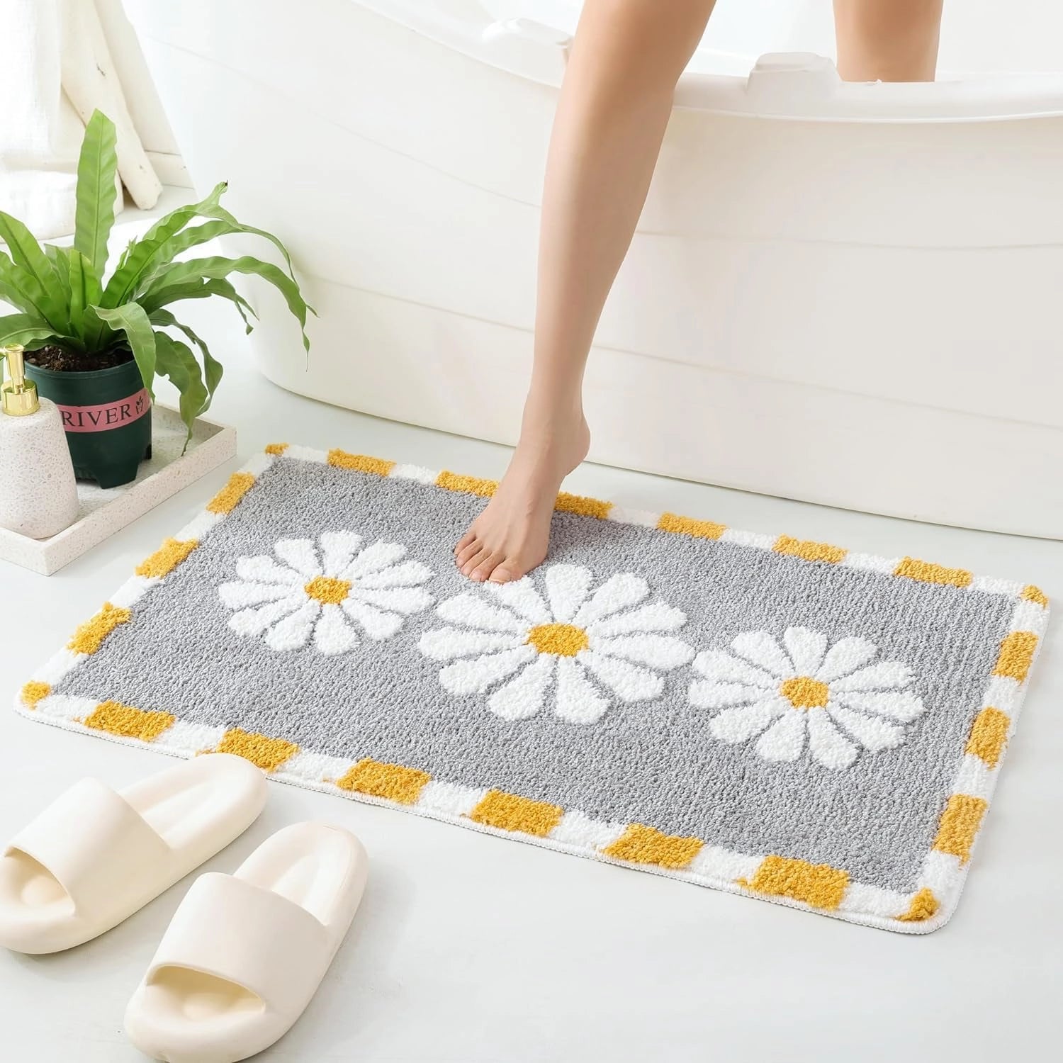 Daffodils Grey - Anti-Slip Microfibre Doormat (40x60 cm) - Pack of 1