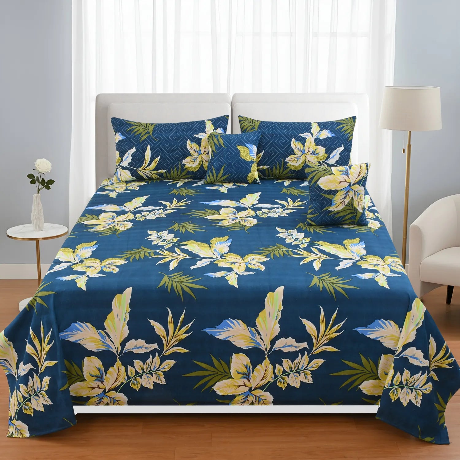 Devinity 5-Piece Quilted Bedding Set Navy Blue Floral – 90x90 Inch Bedsheet with Pillow Cover – Homio